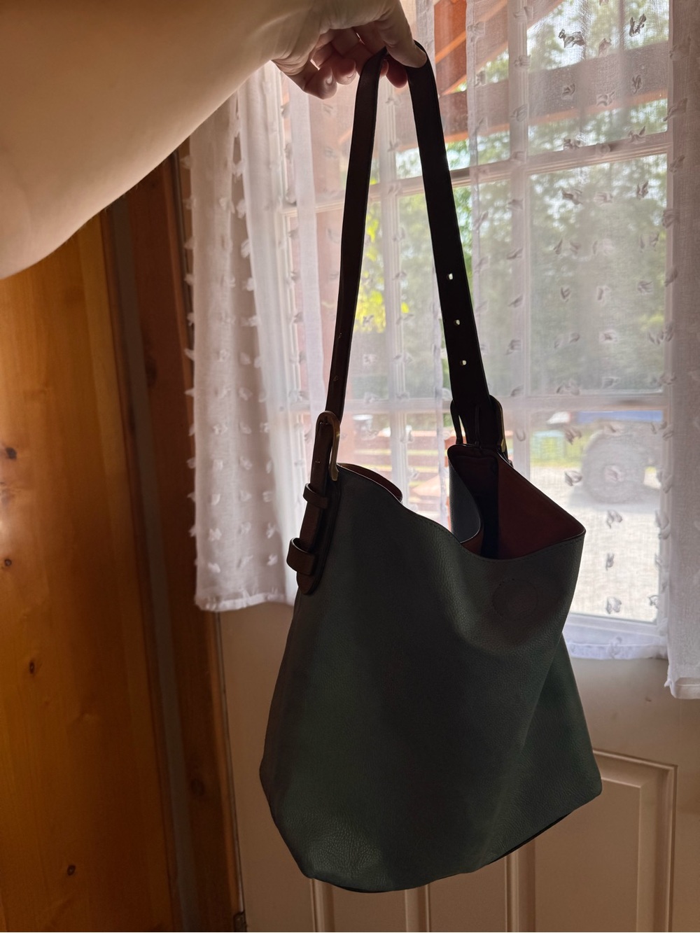 Women's blue Shoulder Bag with Brown Straps